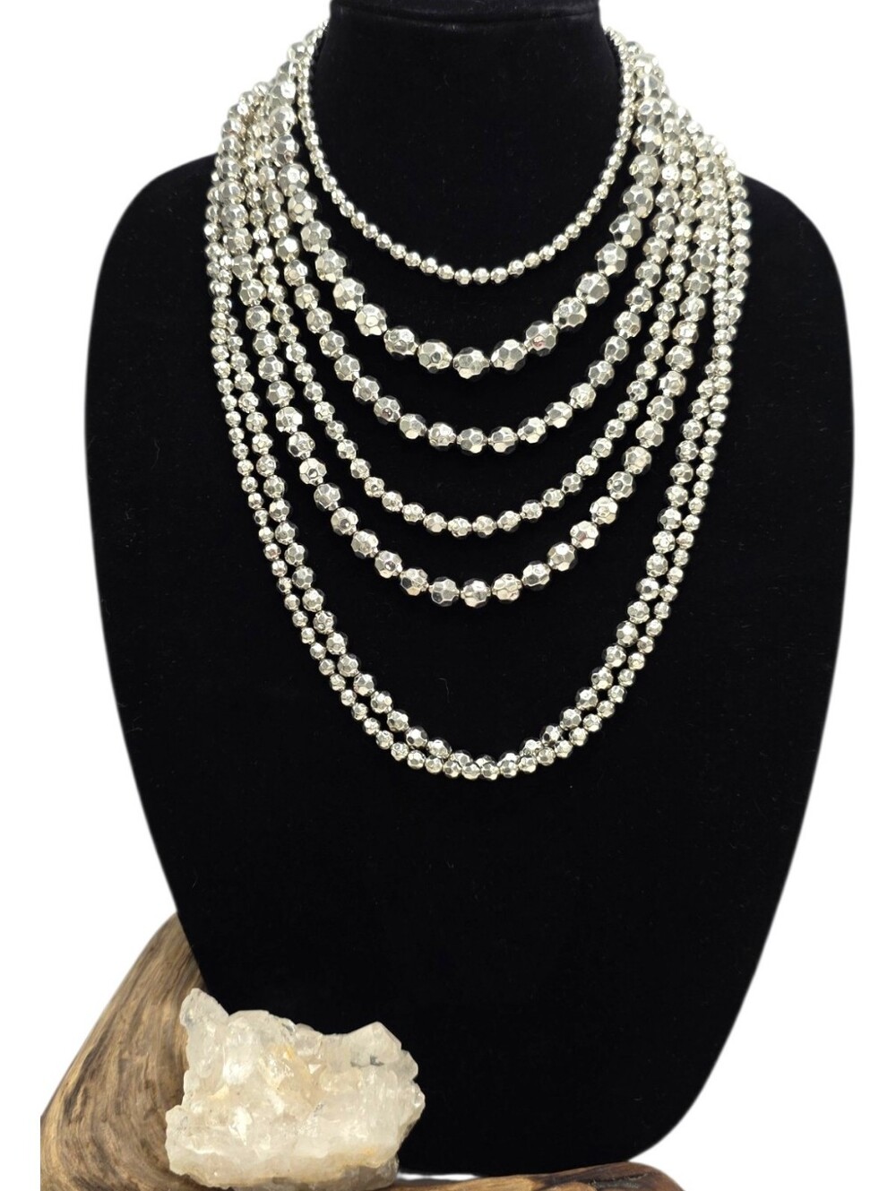 Silver Tone Multi Strand Hollow Metal Bead Statement Necklace Layered Glam